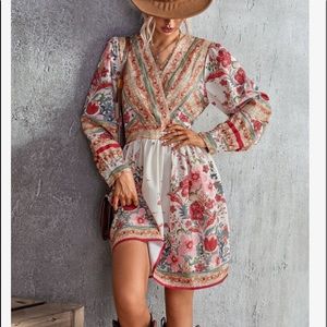 Bohemian Floral Print Surplice A Line Dress
